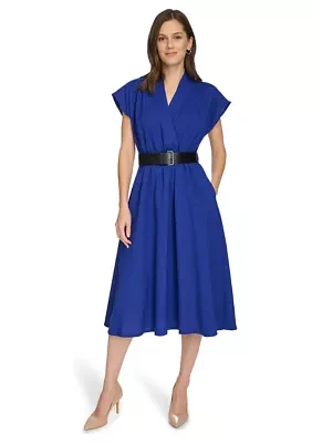 Women's Short Sleeve V-Neck Belted Fit and Flare Dress