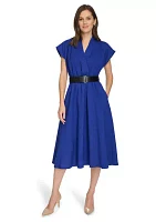 Women's Short Sleeve V-Neck Belted Fit and Flare Dress