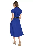 Women's Short Sleeve V-Neck Belted Fit and Flare Dress