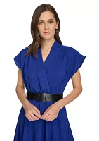 Women's Short Sleeve V-Neck Belted Fit and Flare Dress