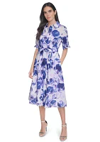 Women's Collared Floral Printed Fit and Flare Dress