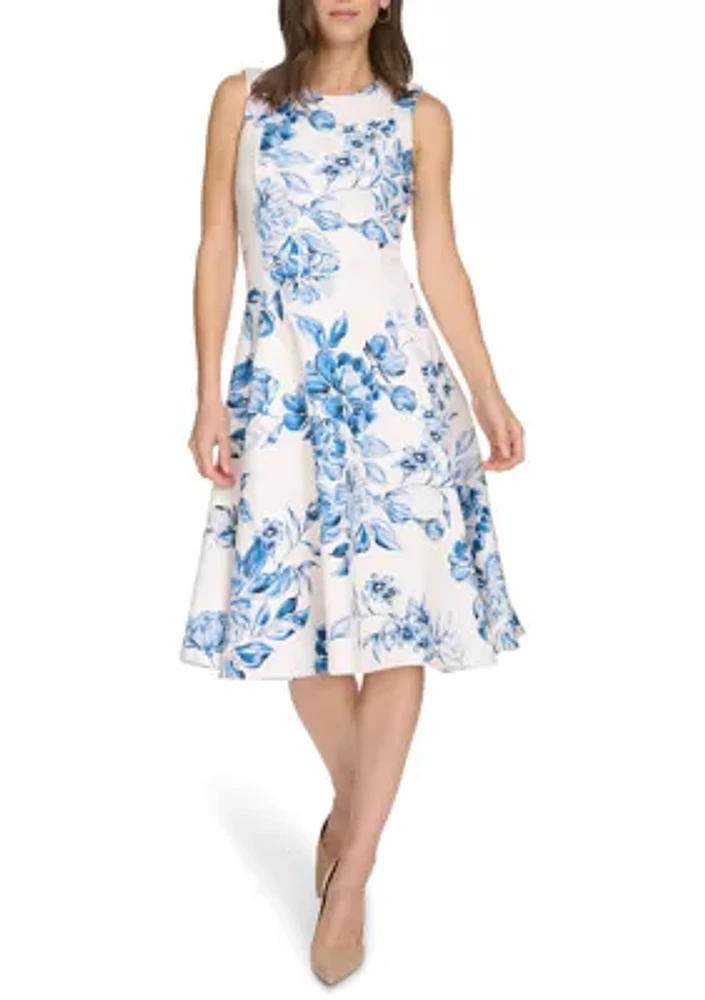 Women's Sleeveless Crew Neck Floral Print Fit and Flare Dress