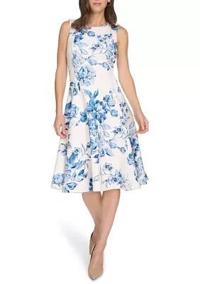 Women's Sleeveless Crew Neck Floral Print Fit and Flare Dress