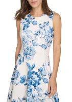 Women's Sleeveless Crew Neck Floral Print Fit and Flare Dress