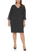 Plus 3/4 Sleeve V-Neck Solid Sheath Dress