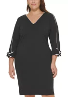 Plus 3/4 Sleeve V-Neck Solid Sheath Dress