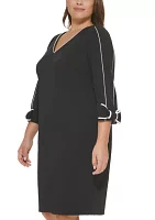 Plus 3/4 Sleeve V-Neck Solid Sheath Dress