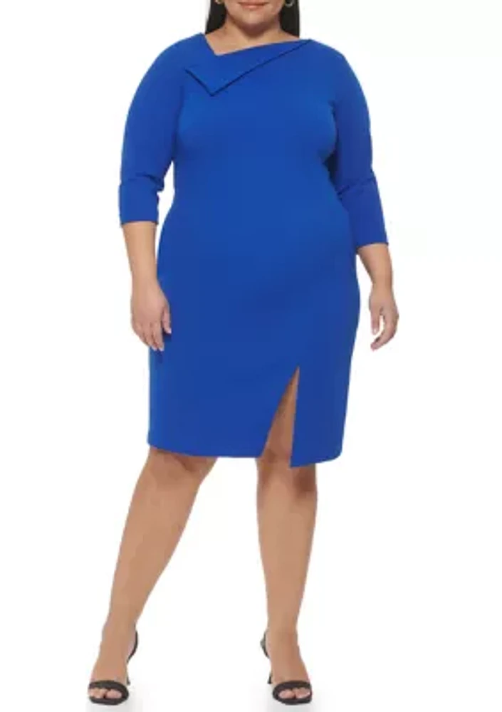 Plus 3/4 Sleeve Asymmetrical Neck Sheath Dress