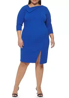 Plus 3/4 Sleeve Asymmetrical Neck Sheath Dress