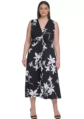 Plus Sleeveless V-Neck Floral Fit and Flare Midi Dress