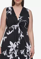 Plus Sleeveless V-Neck Floral Fit and Flare Midi Dress