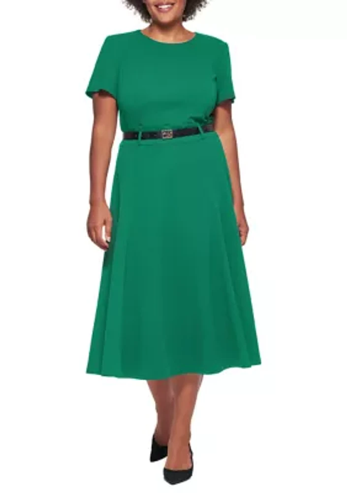 Plus Belt Waist Solid Fit and Flare Dress