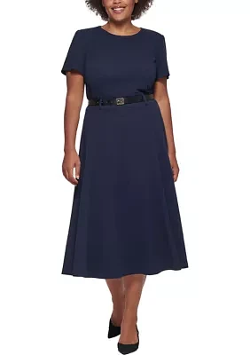 Plus Belt Waist Solid Fit and Flare Dress