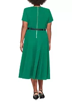 Plus Belt Waist Solid Fit and Flare Dress