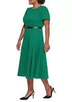 Plus Belt Waist Solid Fit and Flare Dress