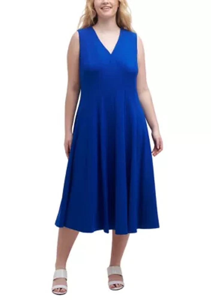 Plus Sleeveless V-Neck Solid Fit and Flare Dress