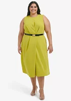 Plus Sleeveless Scoop Neck Solid Belted Fit and Flare Dress