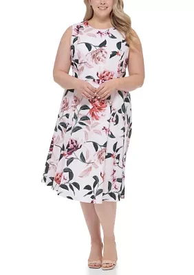 Plus Sleeveless Floral Scuba Crepe Fit and Flare Dress