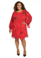 Plus Trapeze Chiffon Dress with Puff Sleeves