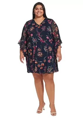 Plus Bell Sleeve V-neck Floral A-Line Dress