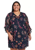 Plus Bell Sleeve V-neck Floral A-Line Dress