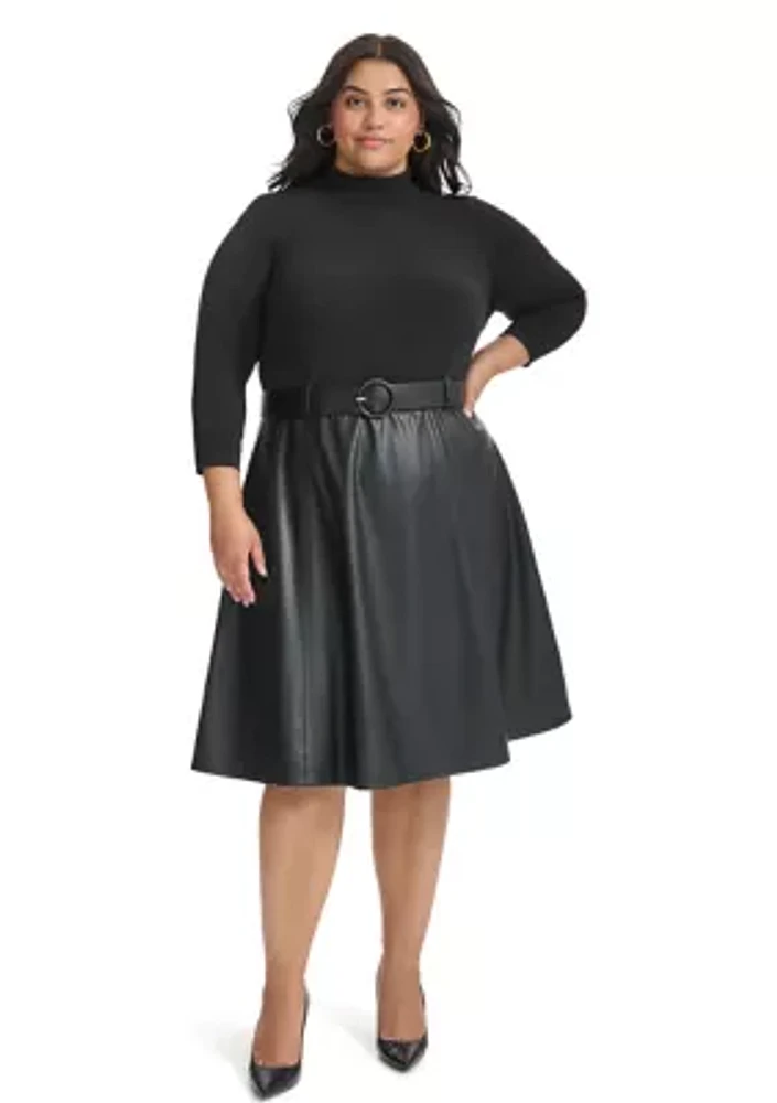 Plus Long Sleeve Solid Belted Fit and Flare Dress