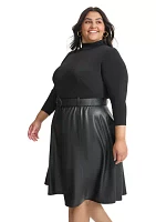 Plus Long Sleeve Solid Belted Fit and Flare Dress