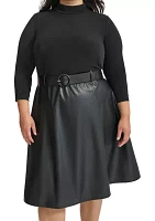 Plus Long Sleeve Solid Belted Fit and Flare Dress