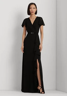 Belted Georgette Flutter-Sleeve Gown