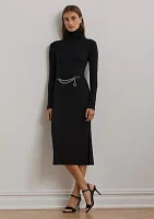 Chain-Trim Rib-Knit Turtleneck Dress