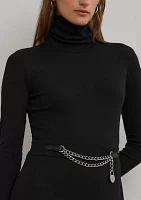 Chain-Trim Rib-Knit Turtleneck Dress