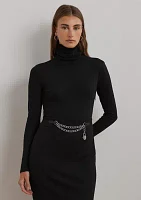 Chain-Trim Rib-Knit Turtleneck Dress