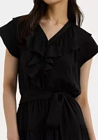 Women's Belted Ruffle-Trim Satin Tiered Dress