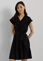 Women's Belted Ruffle-Trim Satin Tiered Dress