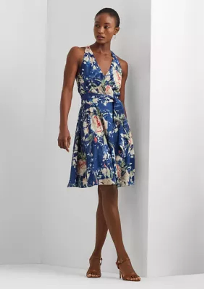 Floral Belted Crepe Sleeveless Dress