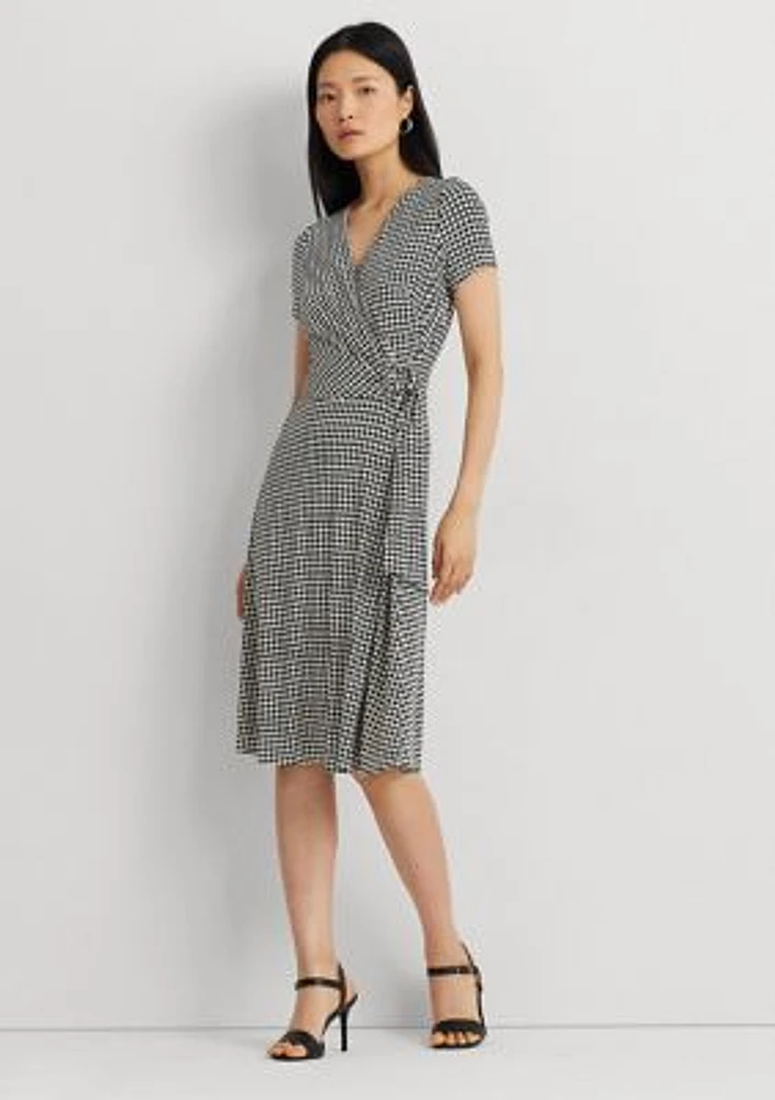 Houndstooth Jersey Surplice Dress