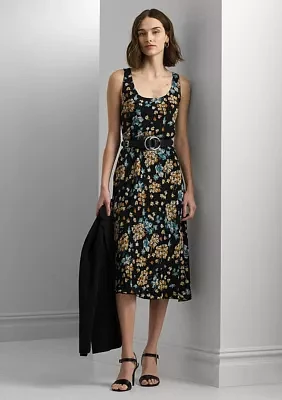 Women's Floral Belted Crepe Sleeveless Dress