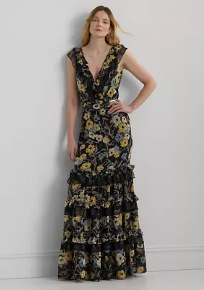 Women's Floral Ruffle-Trim Georgette Gown