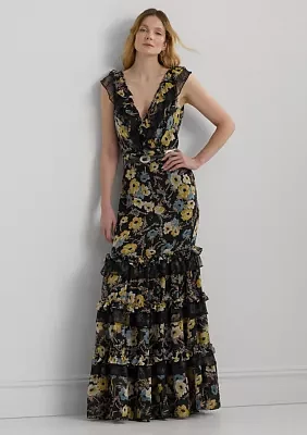 Women's Floral Ruffle-Trim Georgette Gown