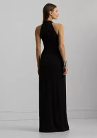 Women's Buckle-Trim Stretch Jersey Halter Gown