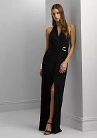 Women's Buckle-Trim Stretch Jersey Halter Gown