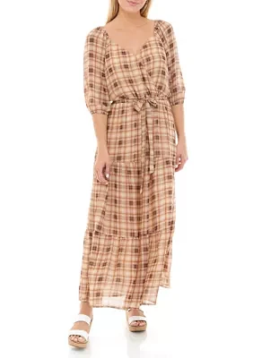 Women's Puff Sleeve Plaid Maxi Dress