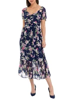 Women's Short Sleeve Floral Print Chiffon Midi Dress