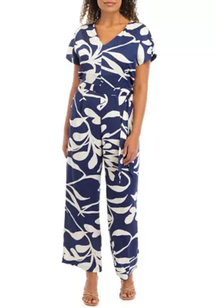 Women's V-Neck Printed Satin Jumpsuit