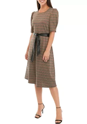 Women's Short Puff Sleeve Plaid Ponte Fit and Flare Dress with Faux Leather Belt