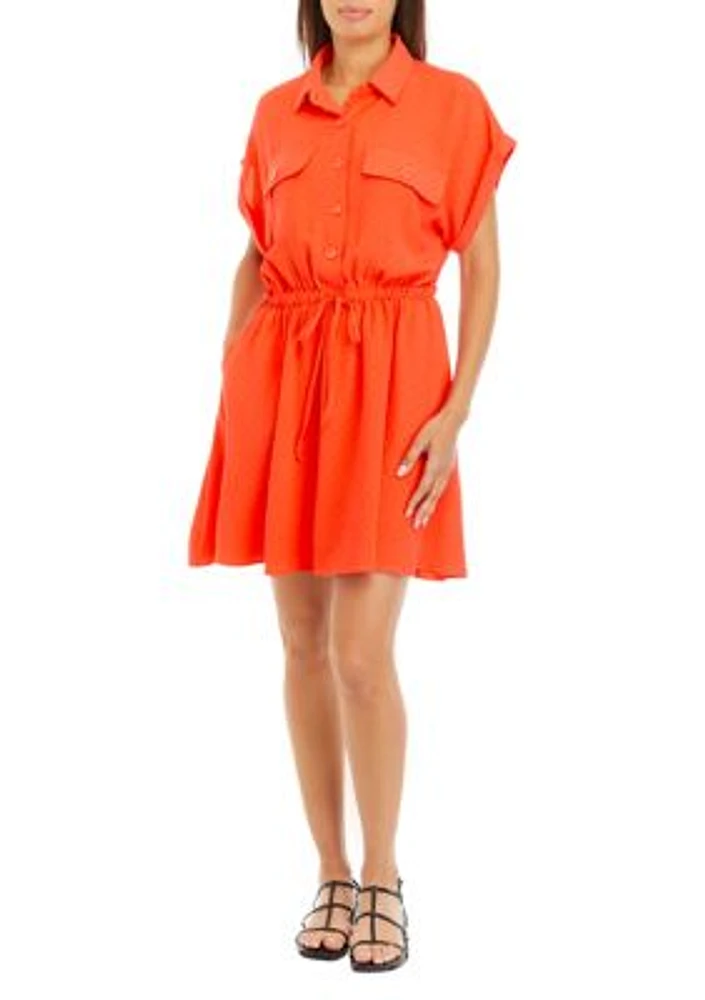 Women's Short Sleeve Collar V-Neck Button Down Shirtdress