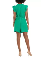 Women's Short Sleeve Ruffle V-Neck Solid Side Wrap Fit and Flare Dress