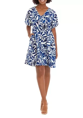 Women's Dolman Sleeve Printed Linen V-Neck Dress