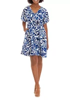 Women's Dolman Sleeve Printed Linen V-Neck Dress