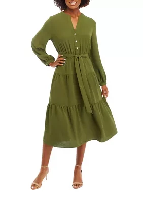 Women's Blouson Sleeve Henley Midi Dress